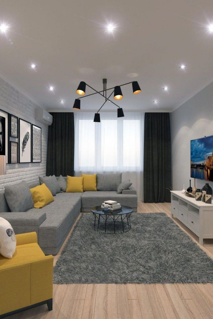 contemporary living room in wellow and grey