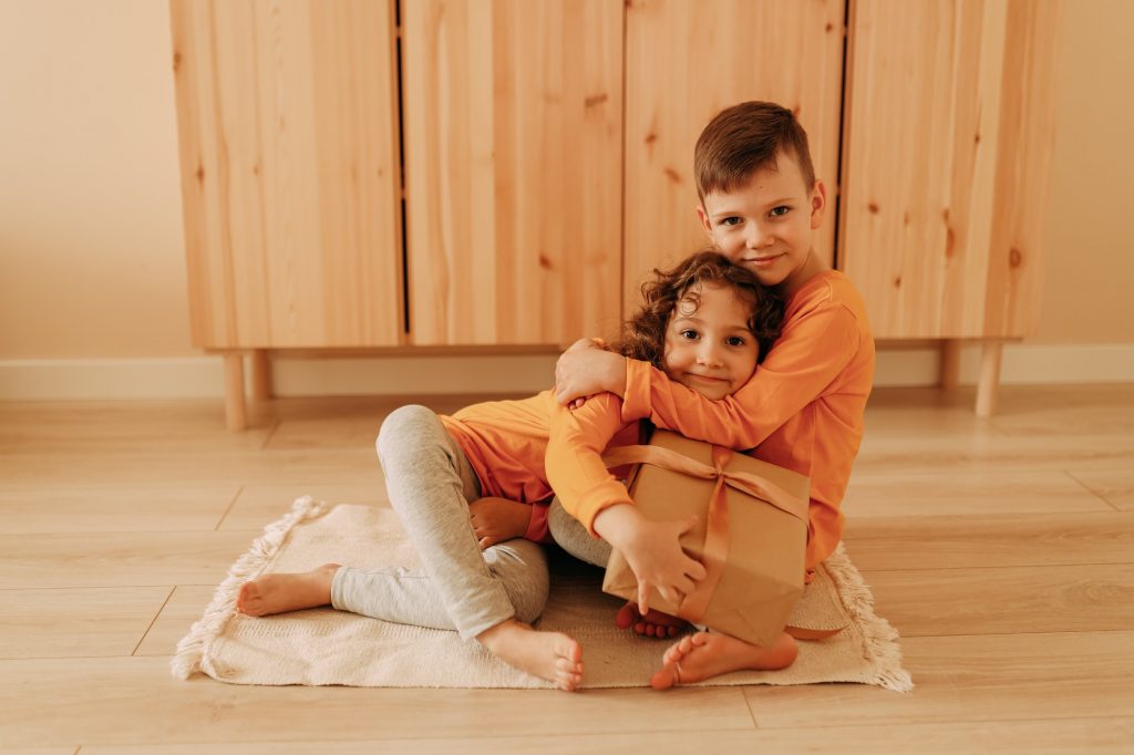 Happy kids, brother, sister, little girl, little boy, friends, smile, hug, gift box, love, children